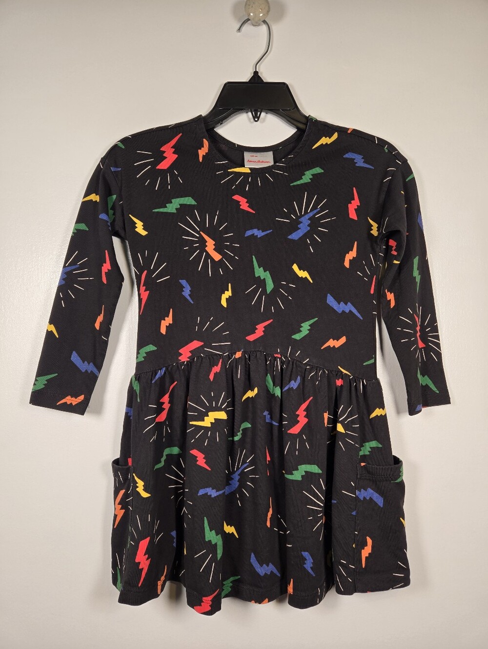 Hanna Andersson Black Colorful Lightning Bolt Pocket Dress Girls Size 6-7